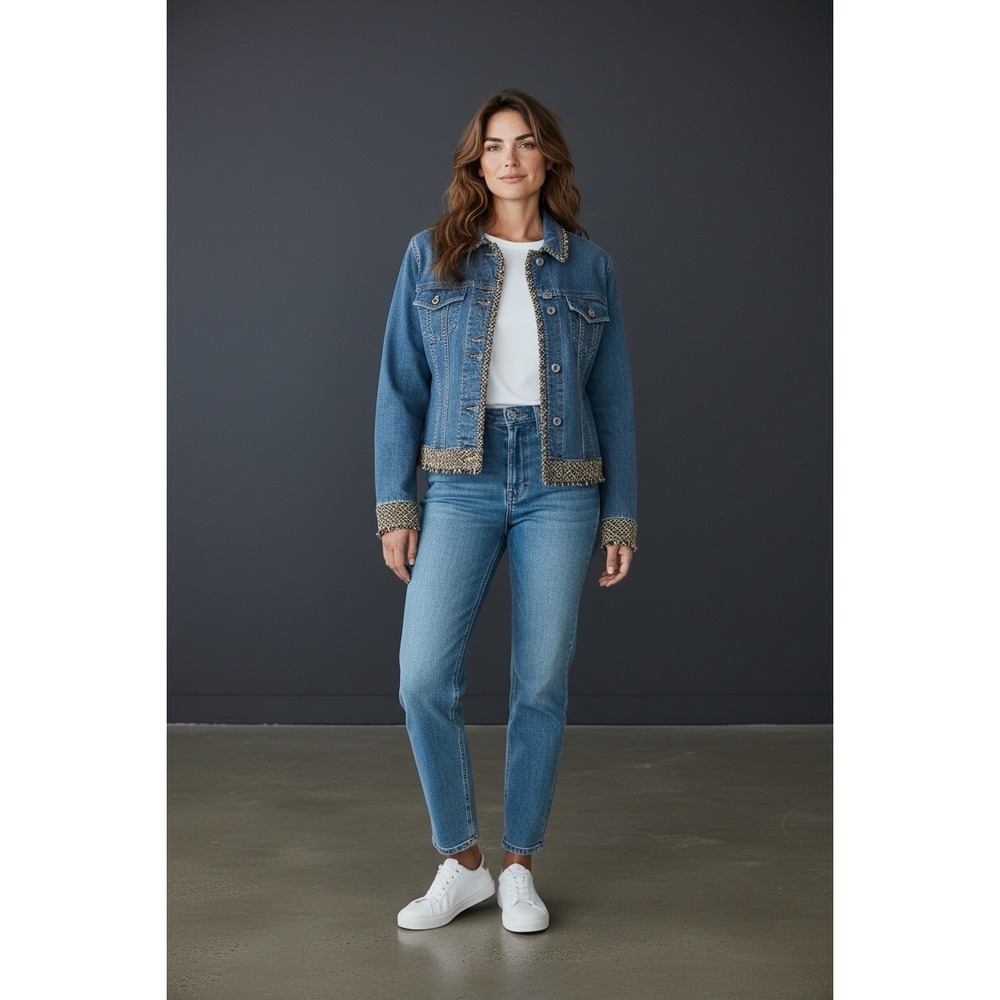 Coldwater Creek Woman's Jean Jacket Size 16 Blue Denim Pockets Trim Fringe